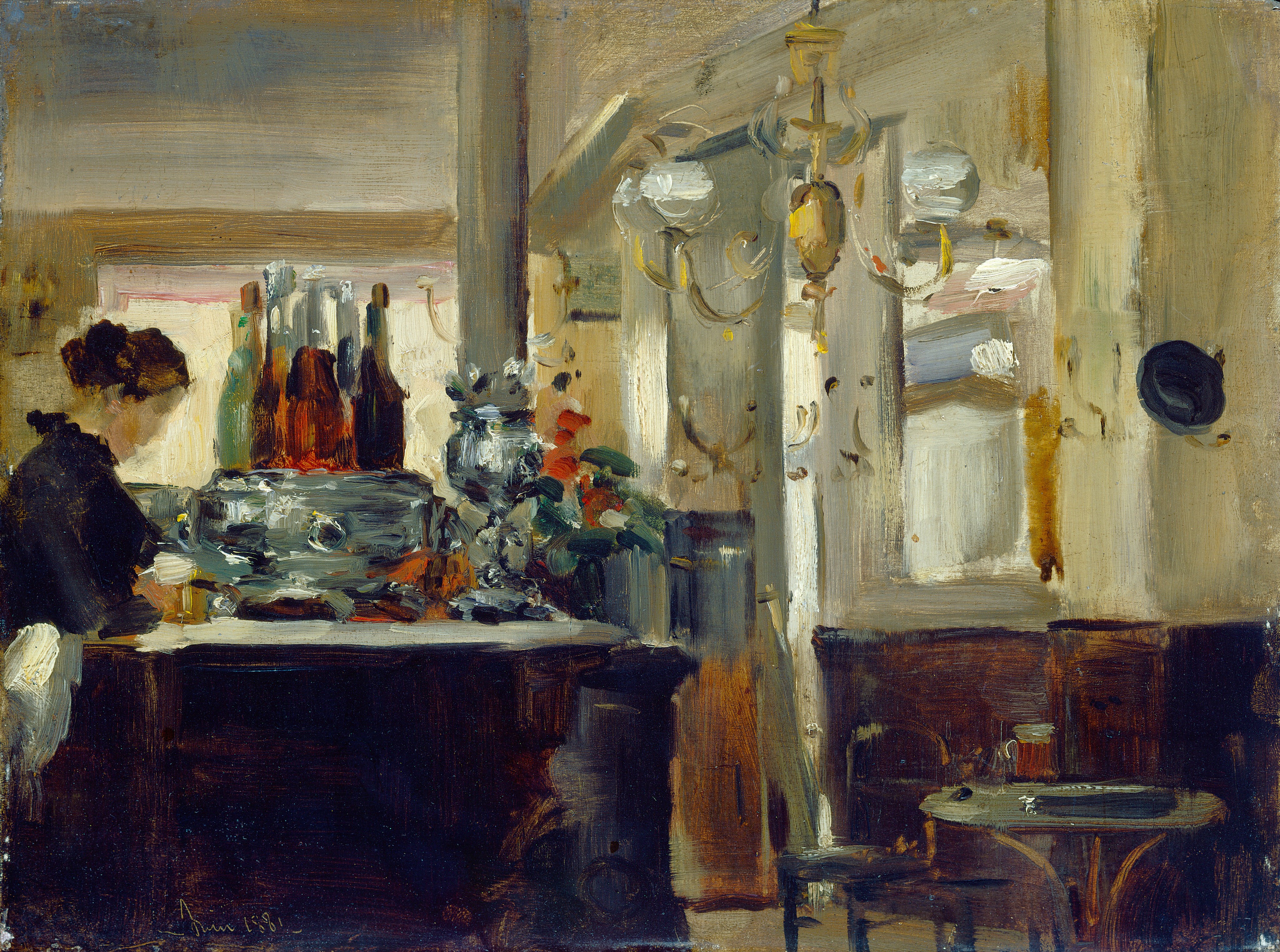 The picture is of Bon Bock Cafe. The artist is disputed to be either anonymous or Edourd Manet. A young woman with brown hair stands at a high counter on the left. She is facing the right where tables, chairs, and a chandelier are placed. A black hat hangs off the wall.